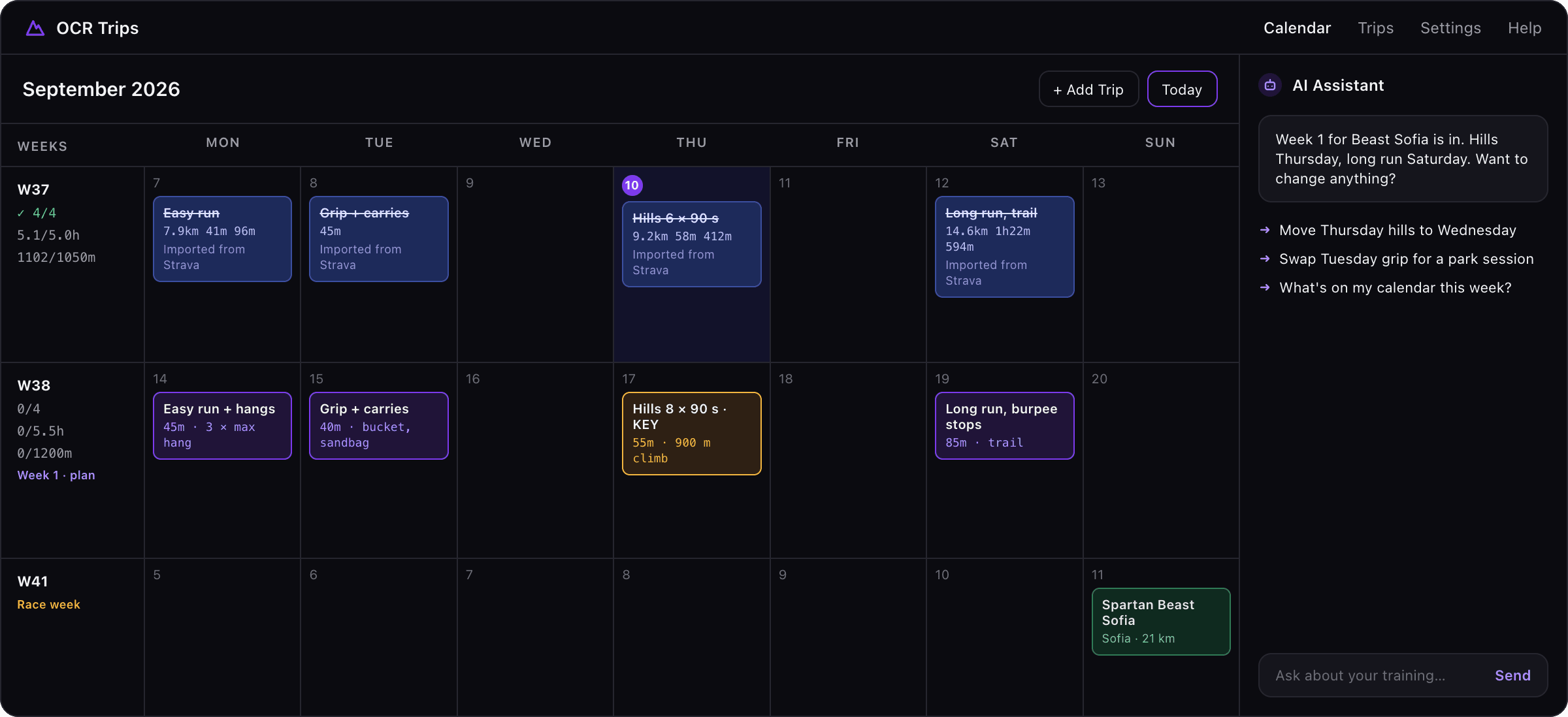 The OCR Trips training calendar with a Strava week, week 1 of the plan and the race, plus the AI assistant.